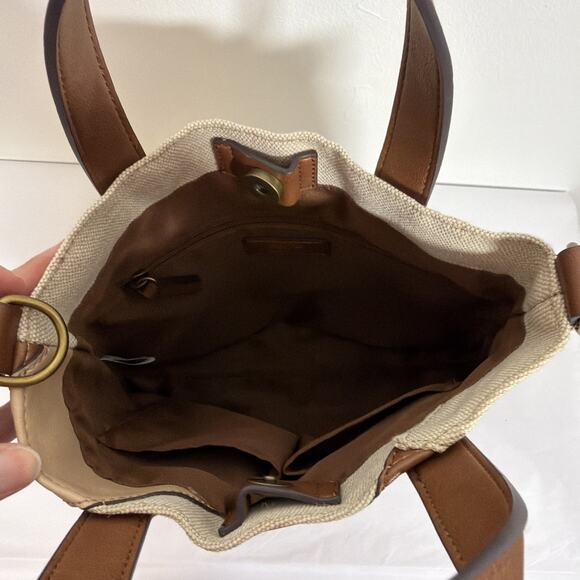 Frye And Co. Vegan Leather Jute Hand Bag Medium Size Brown/Tan/Jute Patchwork - Picture 7 of 10